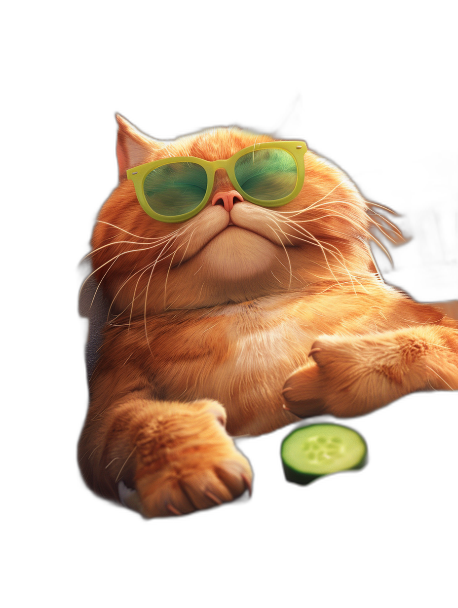 a cute orange cat wearing green sunglasses, lying on the black background with cucumber in hand, smiling expression, detailed illustration, pixar style, octane rendering, high resolution photography, hyperrealistic