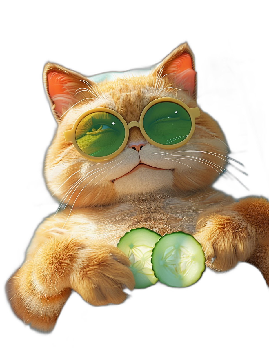 A cute happy cat with round sunglasses, holding two cucumber slices in its paws, in the style of a cartoon, black background, high resolution, professional photograph with studio lighting, HDR photography, hyper detailed image.