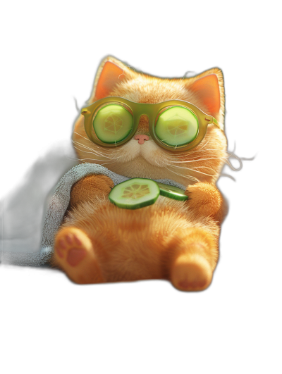 digital art of cute fat orange cat , wearing sunglasses and towel on the head, Cucumbers lying across its eyes, black background , chill vibes