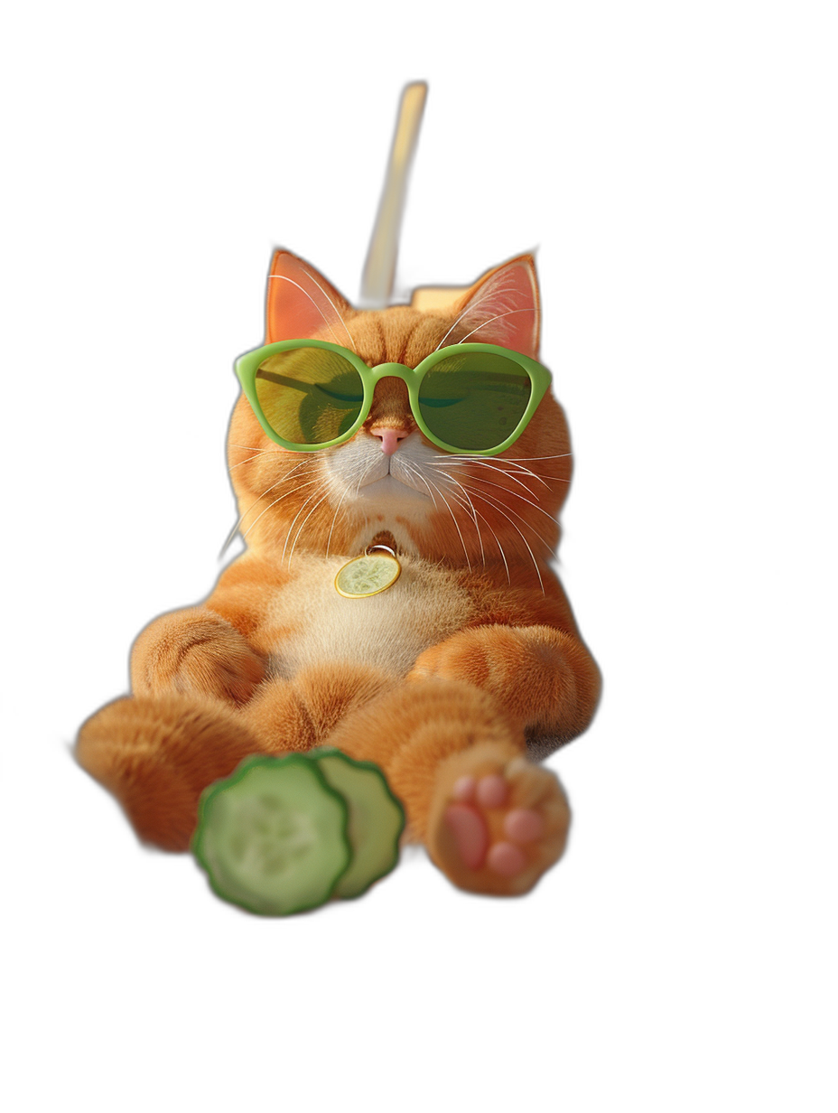 plush ginger cat with green sunglasses hanging on black background, cucumber in paw , hyper realistic photography, eye level angle