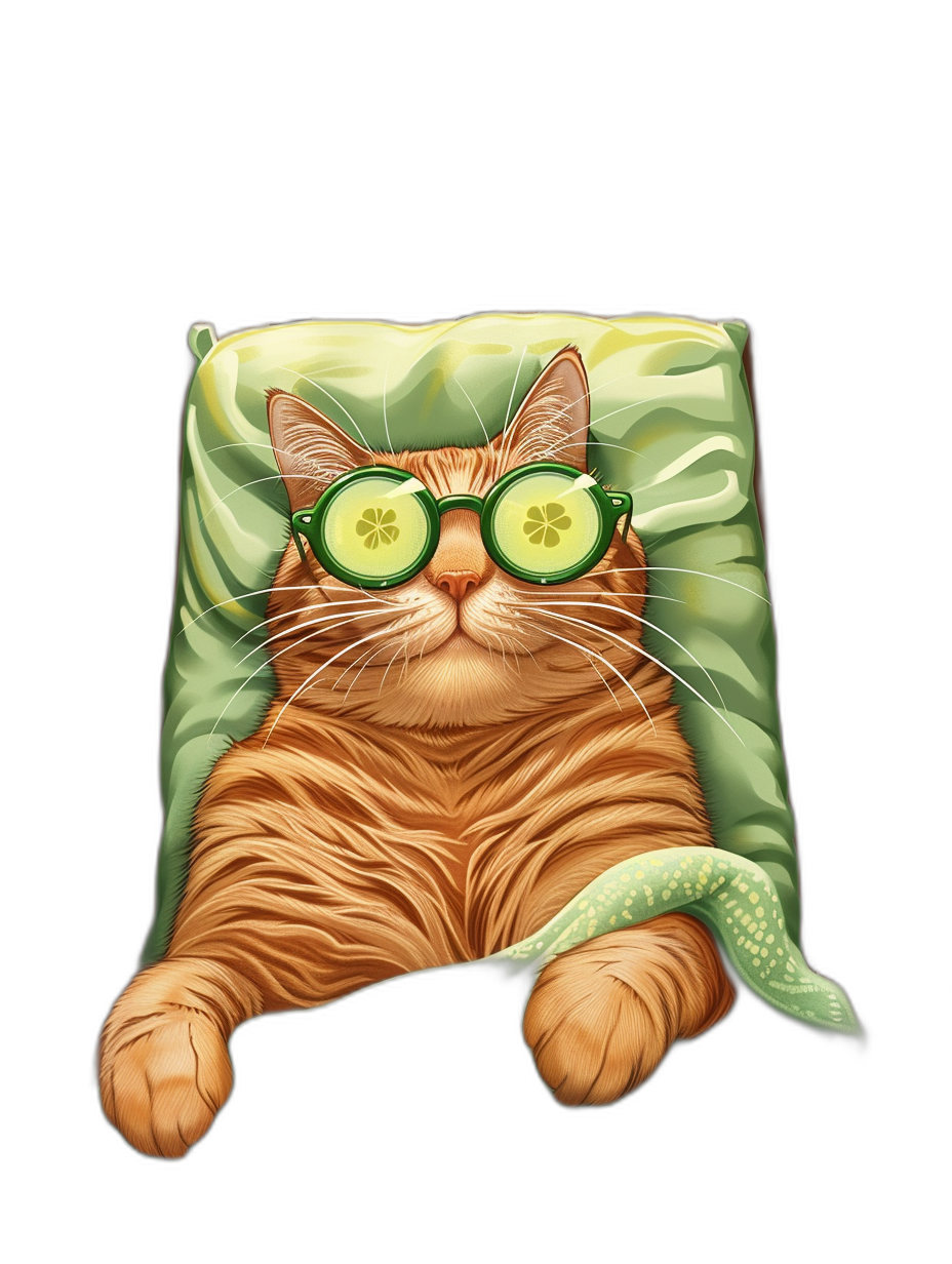 Illustration of an orange cat wearing green glasses and a cucumber covering its eyes lying in bed against an isolated black background, in the style of a high resolution vector image.