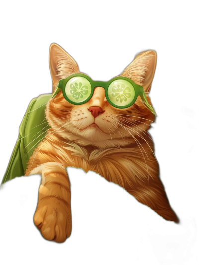 digital art of a cute and fat orange cat wearing green sunglasses with cucumbers on its eyes, wearing a cape, chill vibes, black background, portrait view.