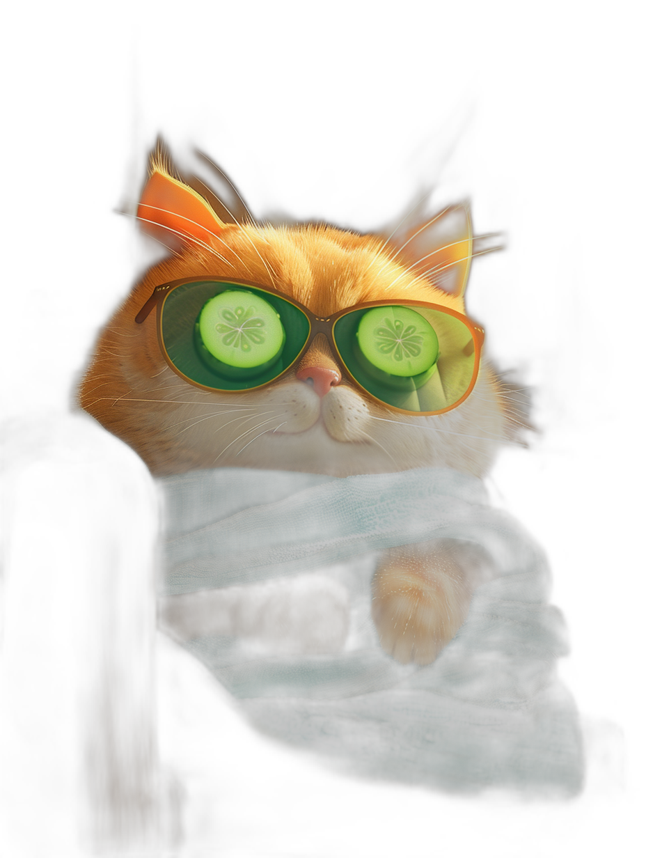 digital art of cute and fat orange cat wearing sunglasses with cucumber on its eyes, covered by blanket , black background, chill expression