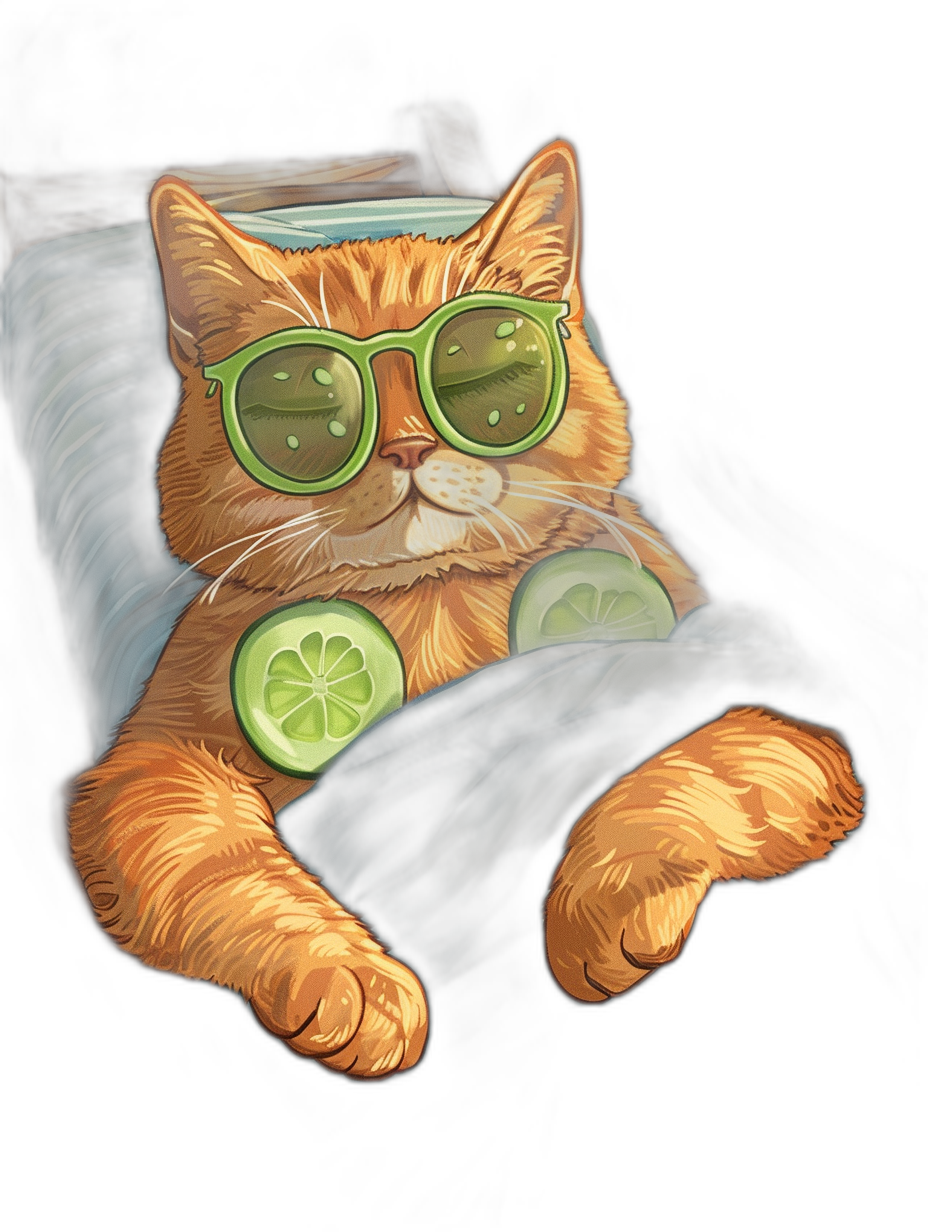 digital art of a cute and fat orange cat wearing sunglasses. The cat is lying on the couch with cucumber slices against a black background. A tshirt design graphic for print in the style of graphic for print.