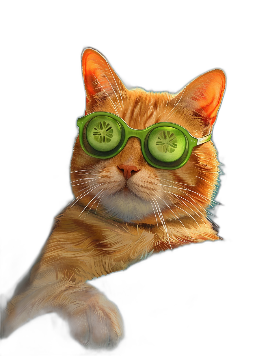 funny ginger cat with cucumber glasses, hyper realistic photo on black background, portrait, high resolution, high details, high quality