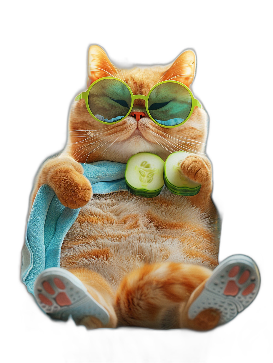 digital art of cute fat orange cat , wearing sunglasses and white slippers, holding cucumber in hand with blue towel around neck , black background , chill expression