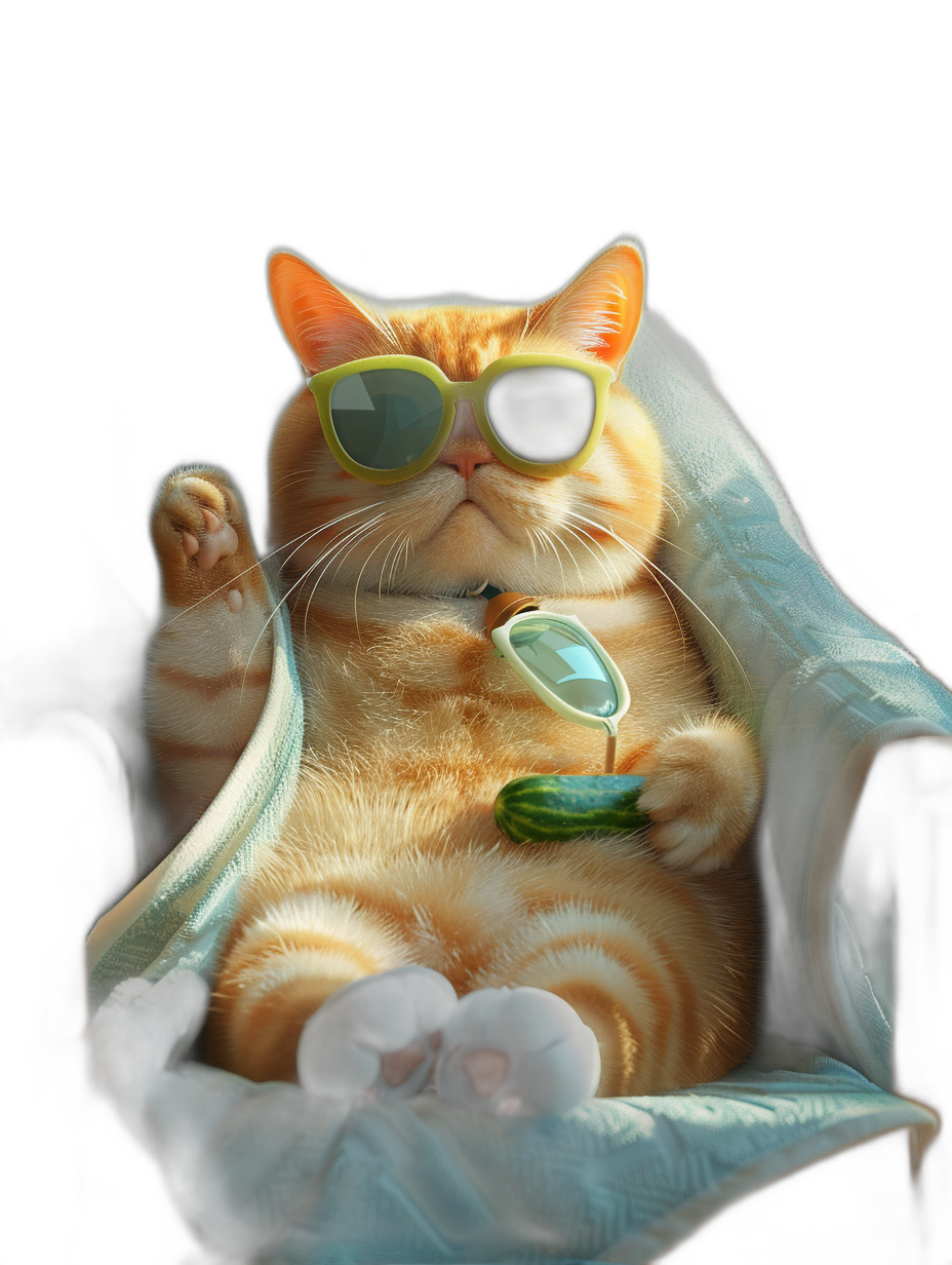 digital art of cute fat orange cat , wearing sunglasses and holding cucumber, sitting on the chair with blanket , chill out pose with black background