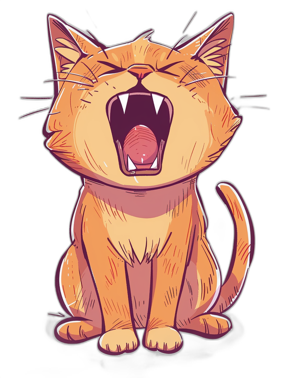 A cartoon illustration of an orange cat howling with its mouth open, vector art style, t-shirt design graphic, ultra detailed, isolated on black background