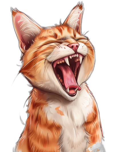 smiling ginger cat, anime style, vector art, black background, digital painting, high detail, fantasy concept art, cute cat, laughing with teeth showing, sharp fangs, in the style of hyper realistic