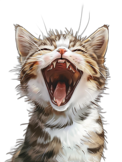 digital art of a cute kitten, happy and laughing with its mouth open wide against a black background, in the style of painting.