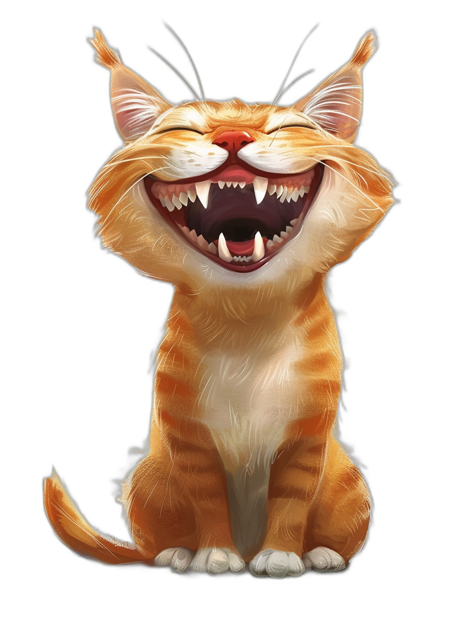 Illustration of a happy smiling ginger cat with sharp teeth in a full body view, isolated on a black background, concept digital art in the style of [Greg Rutkowski](https://goo.gl/search?artist%20Greg%20Rutkowski) and [Studio Ghibli](https://goo.gl/search?artist%20Studio%20Ghibli).