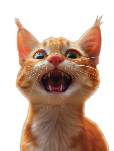 A cute orange cat with an open mouth, smiling and showing teeth, in the style of Disney, black background, digital art, high resolution