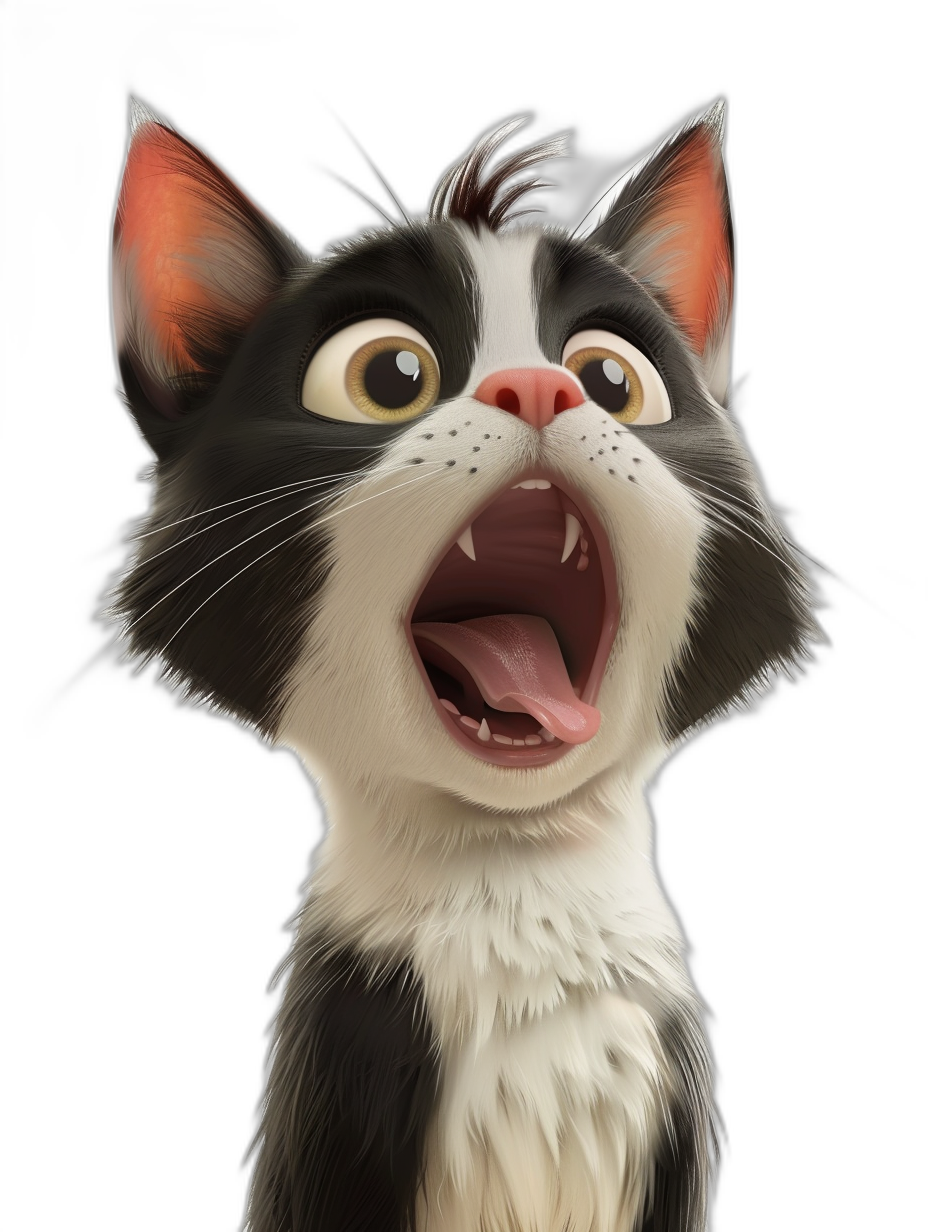 A cute black and white cat with its mouth open, in the style of Pixar, Disney cartoon style, black background, very detailed, high definition