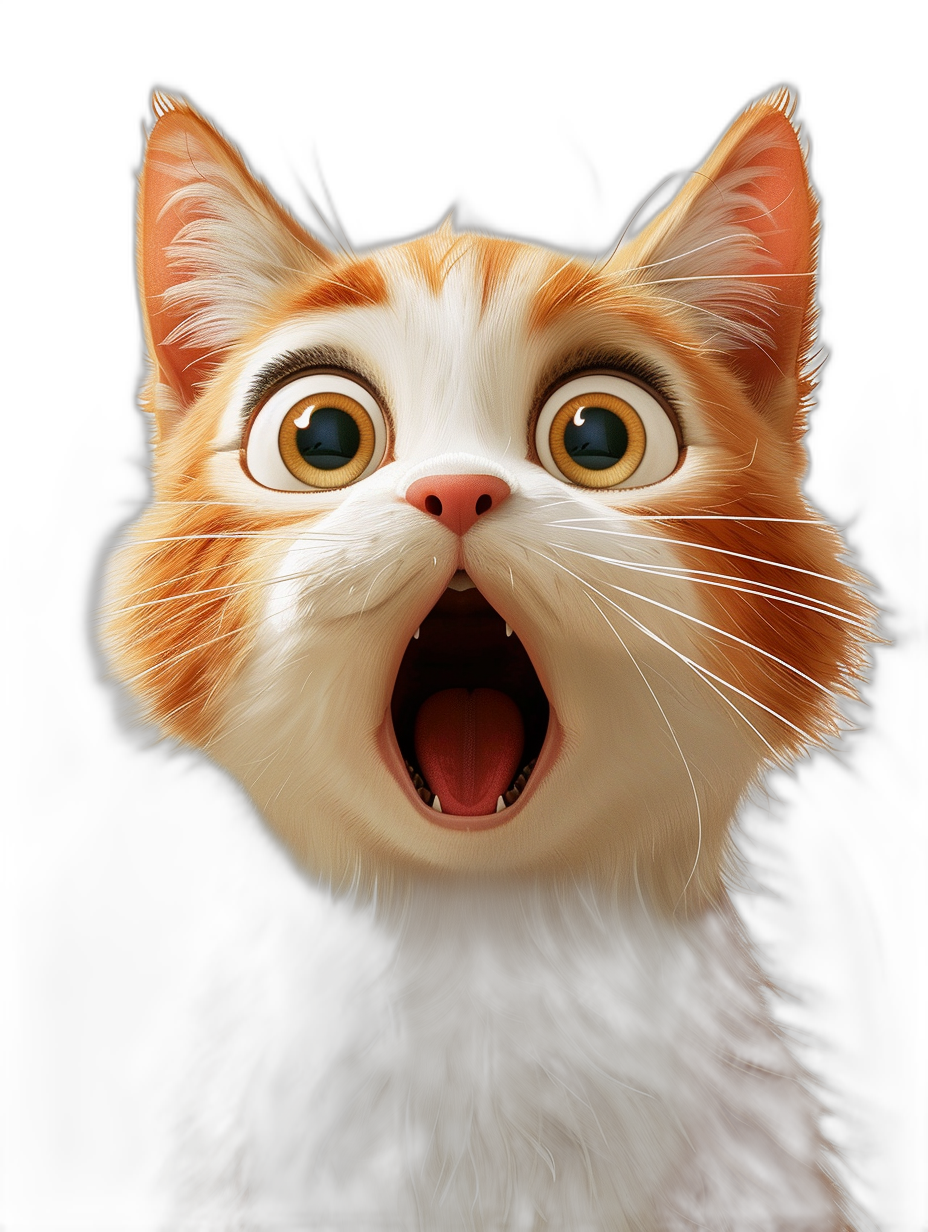 realistic cute orange and white cat with big eyes, mouth open in a shocked expression, black background, in the style of Pixar