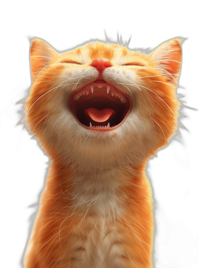 smiling cute orange cat, open mouth, cute in the style of anime, isolated on black background, hyper realistic photography