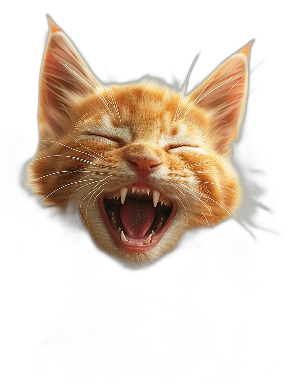 A cute smiling cat, laughing with its mouth open and fangs showing, on a black background, in the style of photorealistic, hyperrealistic, high resolution photography, insanely detailed, studio lighting, high quality.