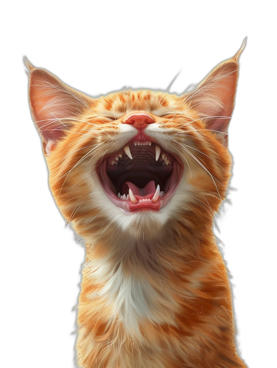 realistic happy cat meowing, isolated on black background, digital art by Disney and pixar, hyper detailed