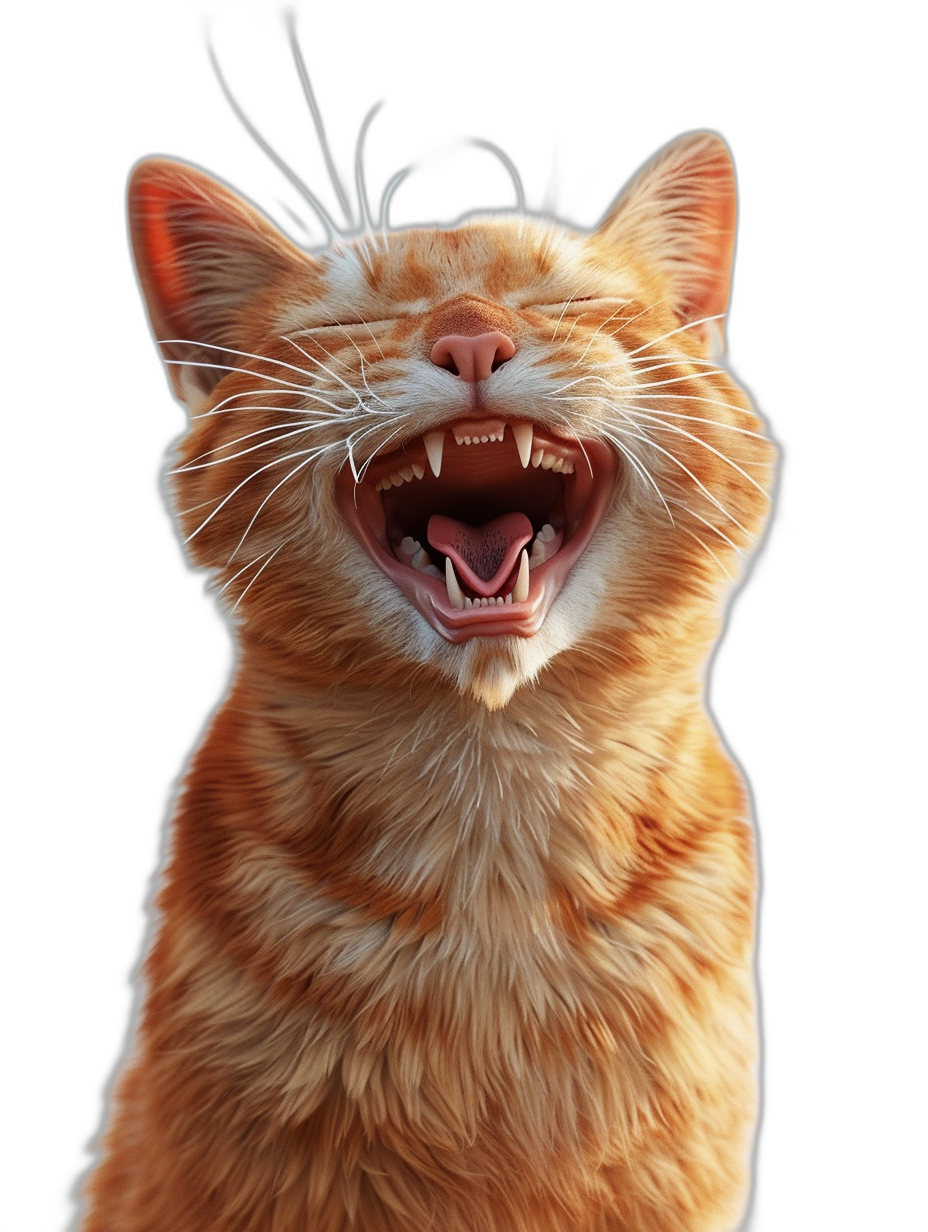 A cute smiling ginger cat, its mouth wide open and showing sharp teeth, on a pure black background, digital art in the style of Pixar, with hyper detailed