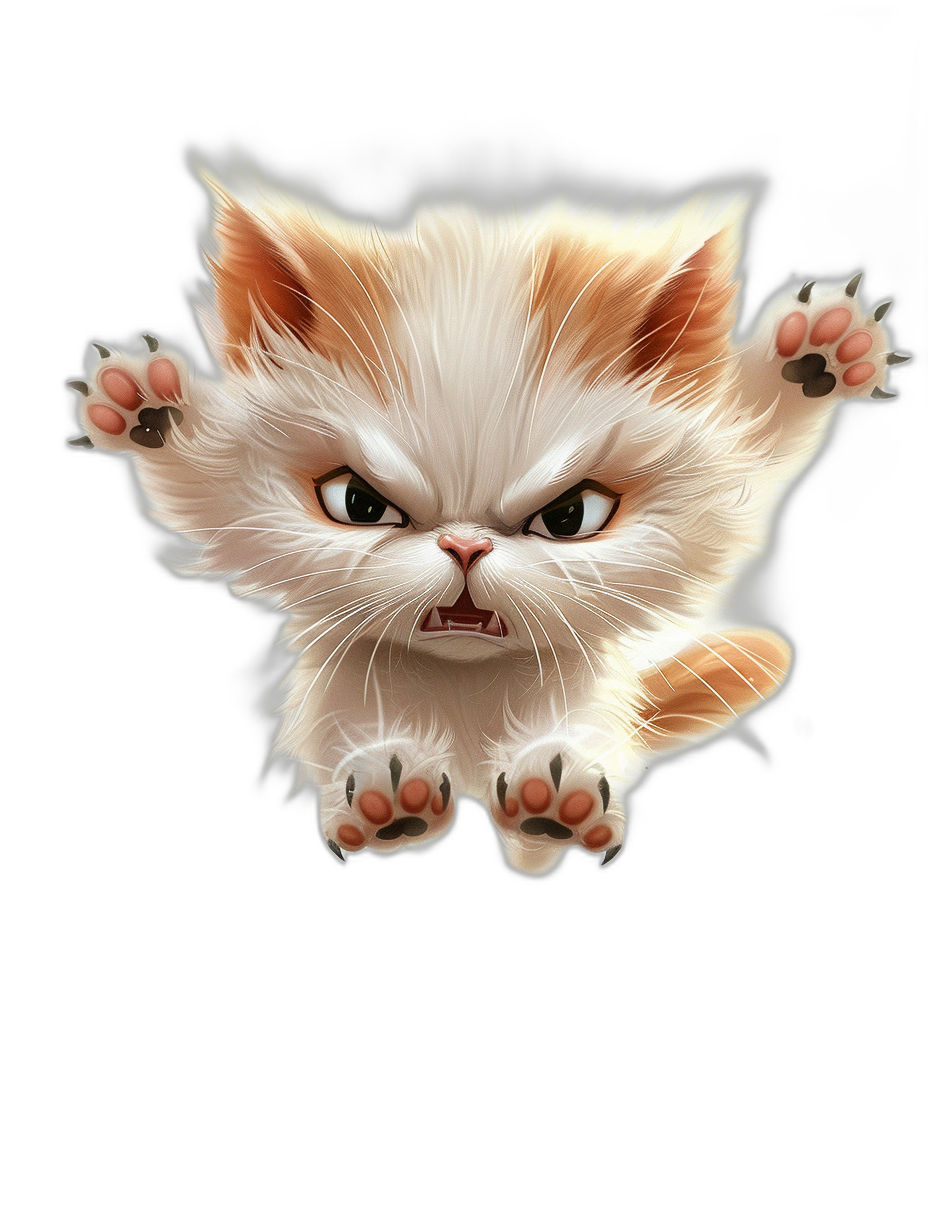 Cute cartoon cat flying, black background, white and orange fur color, white eyes, angry expression, two paws raised up in the air, full body shot, front view, cute cartoon style, 2D illustration, digital art, in the style of a cute cartoon.