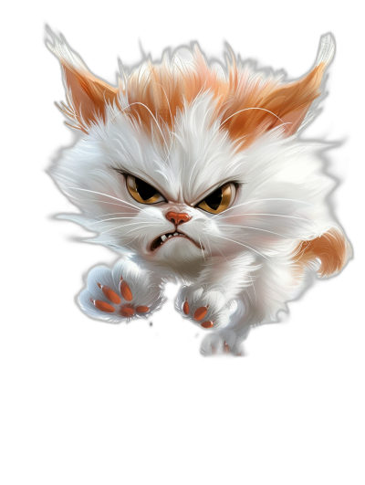 A cute cartoon white and orange cat with black background, jumping with angry eyes, long hair on its head and big claws in a full body shot. High resolution, high quality, high detail concept art in the style of [Artgerm](https://goo.gl/search?artist%20Artgerm) with a Pixar style. High definition, high details cartoon character design, 2D art illustration, digital painting with cinematic lighting and sharp focus in a studio photography style aiming for a hyper realistic effect.