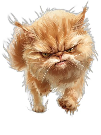 A cartoon caricature of an angry Persian cat running towards the viewer, isolated on a black background, digital art in the style of [Artgerm](https://goo.gl/search?artist%20Artgerm) and [Craig Mullins](https://goo.gl/search?artist%20Craig%20Mullins), with hyper detailed cinematic lighting and intricate details, including volumetric lighting.