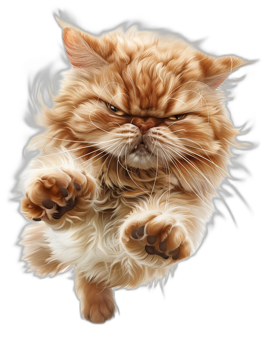 an angry persian cat jumping in the air, isolated on black background, hyper realistic fur and detailed skin, high resolution photography, insanely sharp focus, high definition details, professional color grading, award winning photo