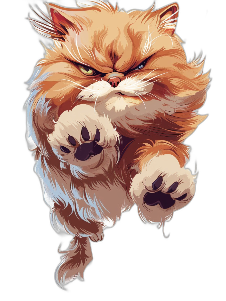 A Persian cat in the style of epic digital art, jumping with one paw extended forward towards the camera, vector artwork for a t-shirt design, with an angry expression on its face. Its fur is light brown and white, on a black background, in a dynamic pose. It is a high resolution, epic fantasy artwork, with detailed character illustrations as a full body portrait.