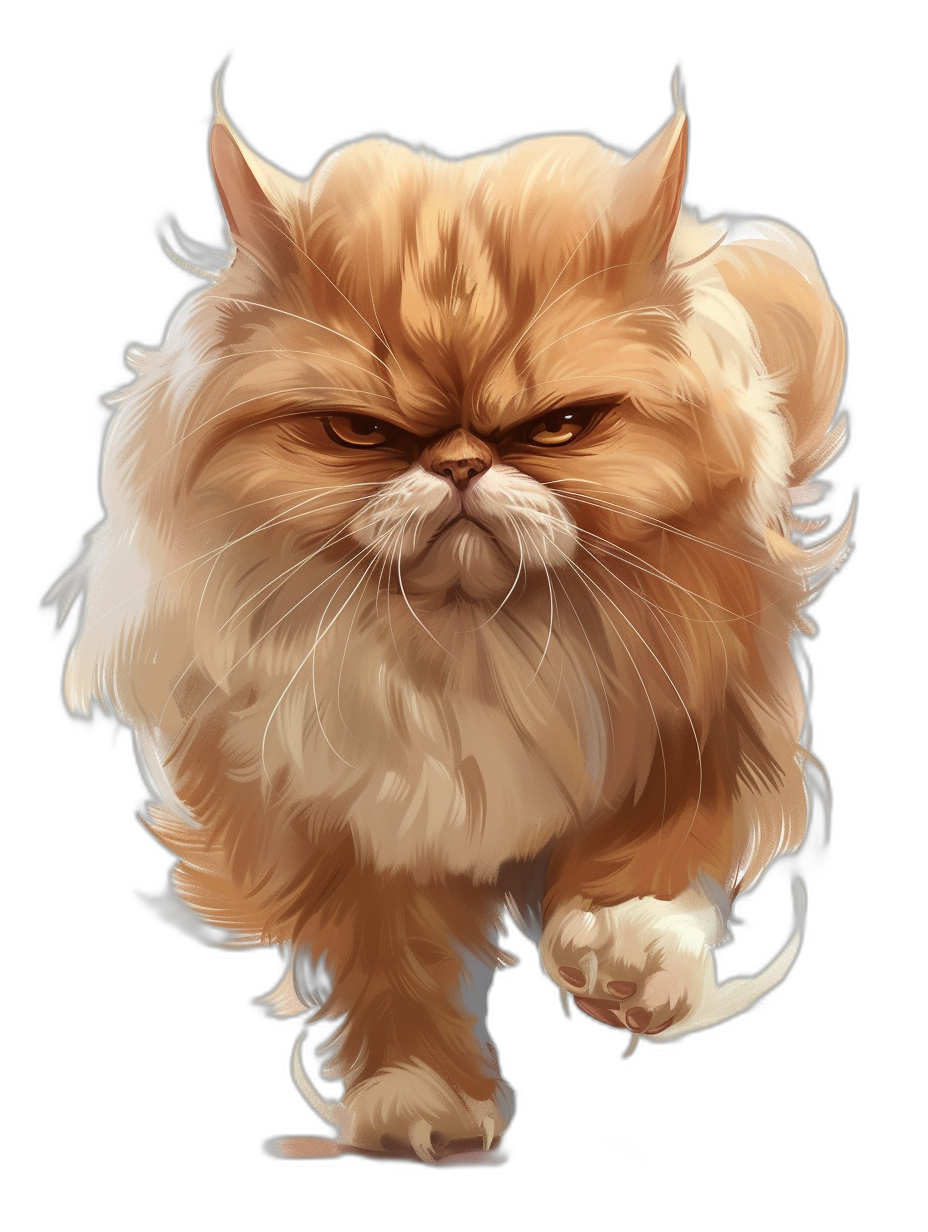 A full body shot of an angry Persian cat running towards the viewer, isolated on a black background, in a fantasy art style painting, cartoon character concept art in the style of [Artgerm](https://goo.gl/search?artist%20Artgerm) and [Greg Rutkowski](https://goo.gl/search?artist%20Greg%20Rutkowski) and [Alphonse Mucha](https://goo.gl/search?artist%20Alphonse%20Mucha).