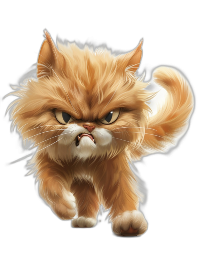 A cute Persian cat walking towards the viewer with an angry expression on a black background in the vector art style in a full body shot with a cartoon character design using digital painting and drawing techniques from a front view with an exaggerated perspective with light orange fur color in high resolution, high detail, and high quality.