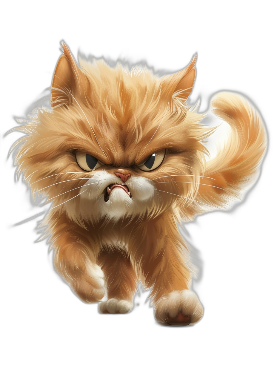 A cute Persian cat walking towards the viewer with an angry expression on a black background in the vector art style in a full body shot with a cartoon character design using digital painting and drawing techniques from a front view with an exaggerated perspective with light orange fur color in high resolution, high detail, and high quality.