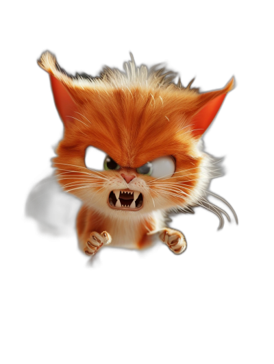 angry cat jumping towards the camera, in the style of Pixar, cartoon character, orange fur with a white chin and chest, large expressive eyes, cute, black background, 3D render, high resolution, sharp focus, studio lighting