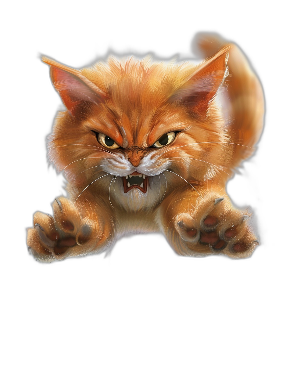 front view of an angry orange cat jumping towards the viewer, black background, fantasy art style illustration. The cat is depicted in the style of fantasy art.