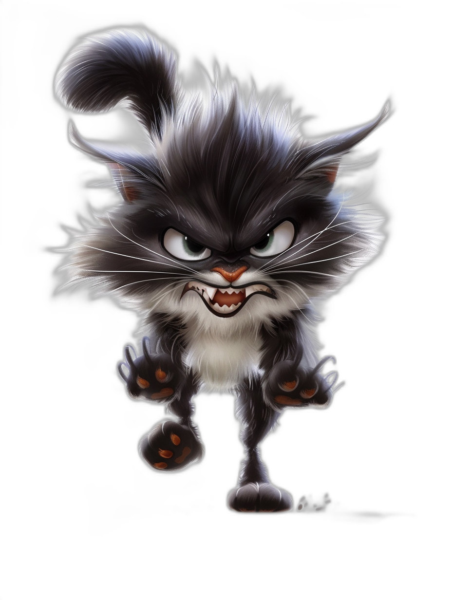 black background, angry cute fluffy cat cartoon character with sharp teeth and fangs on all fours walking in the style of Pixar.