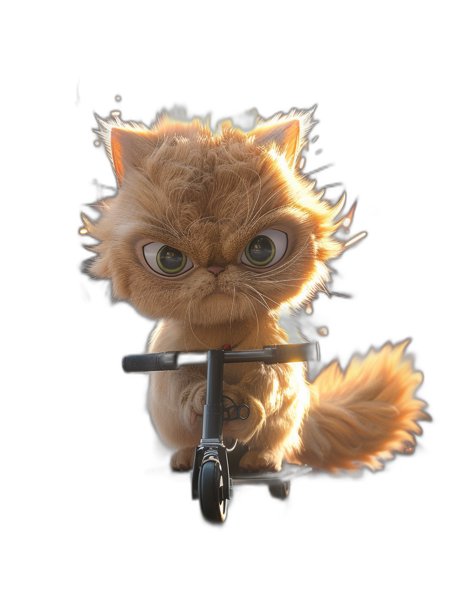 3D render of an angry Persian cat riding on a scooter in the style of Pixar, in a cartoon style with a black background, like a Pixar character with cute big eyes, fluffy hair, and a cute little face with a cute expression, shown in a full body shot with long fur.