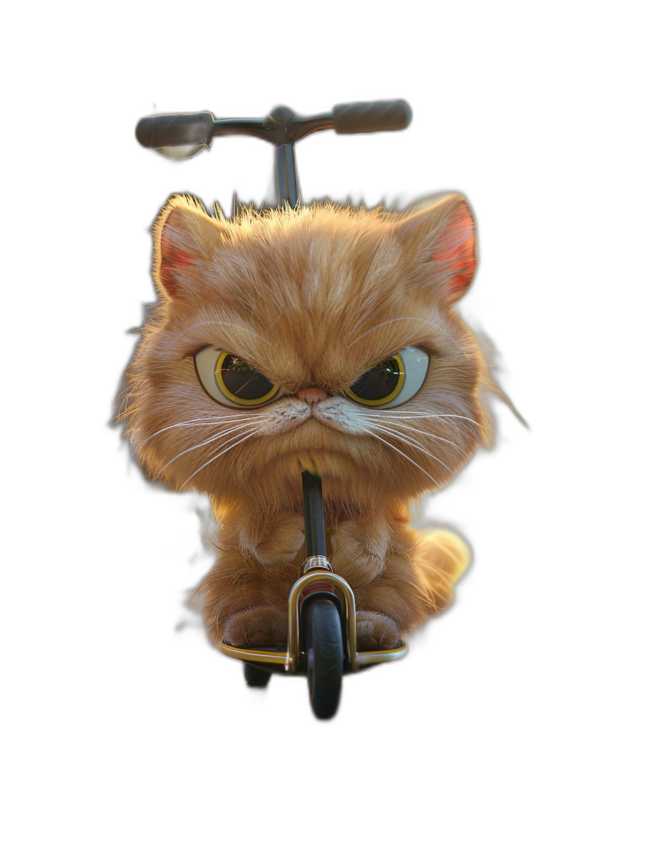 3D render of a cute Persian cat with big eyes sitting on a scooter, with an angry facial expression, on a black background, in the style of Pixar.