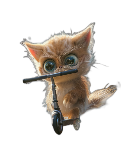 digital art of a cute kitten riding a scooter on a black background with big eyes in a lovely and funny style.