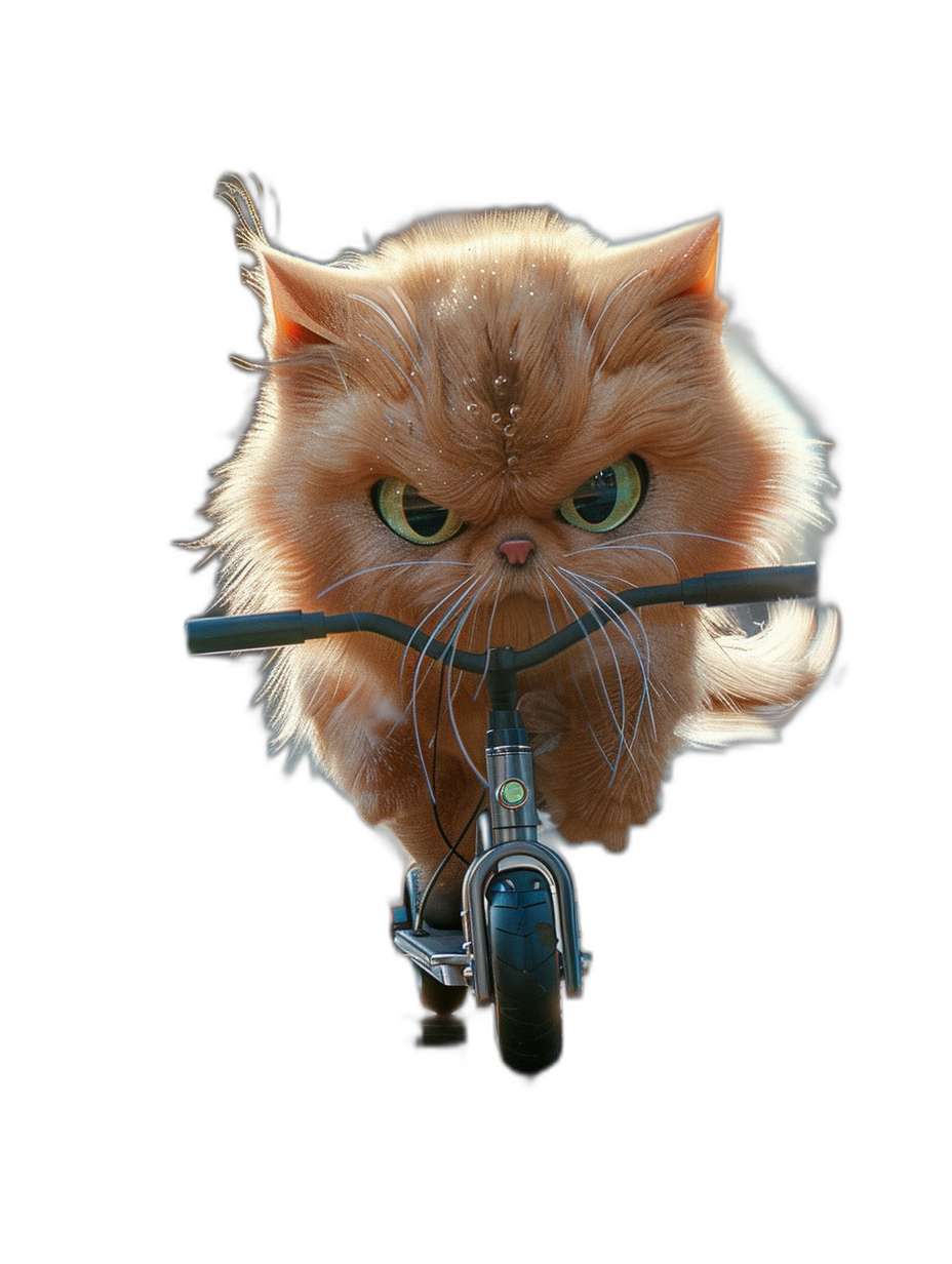 realistic photo of an angry persian cat riding bicycle, cartoon style, isolated on black background, funny cute face