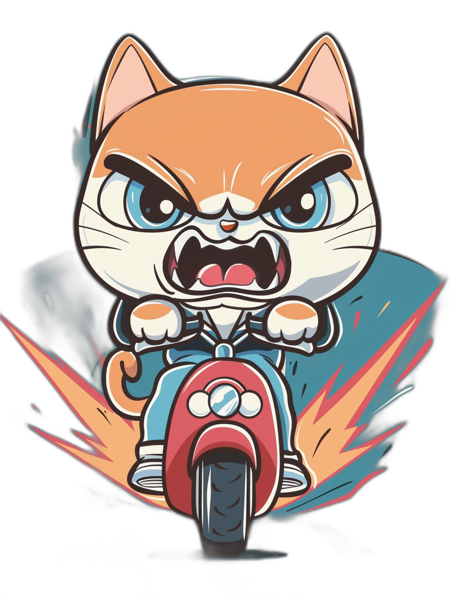 vector design of an angry cat riding on a motorbike, isolated on a black background, in the style of Kawaii, tshirt vector design