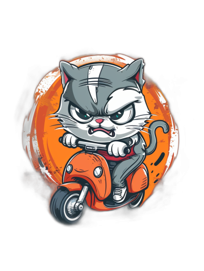 t-shirt design, angry cat riding on an orange scooter in cartoon style with vector illustration and digital art, black background