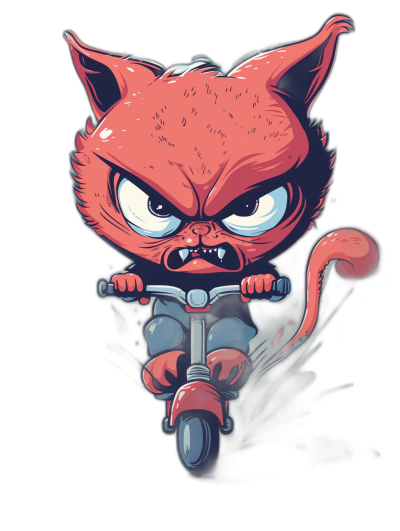 A cute chibi red cat with an angry expression, riding on a scooter in the style of a vector illustration, for an ultra detailed, high resolution t-shirt design graphic on a black background with a professional color palette.