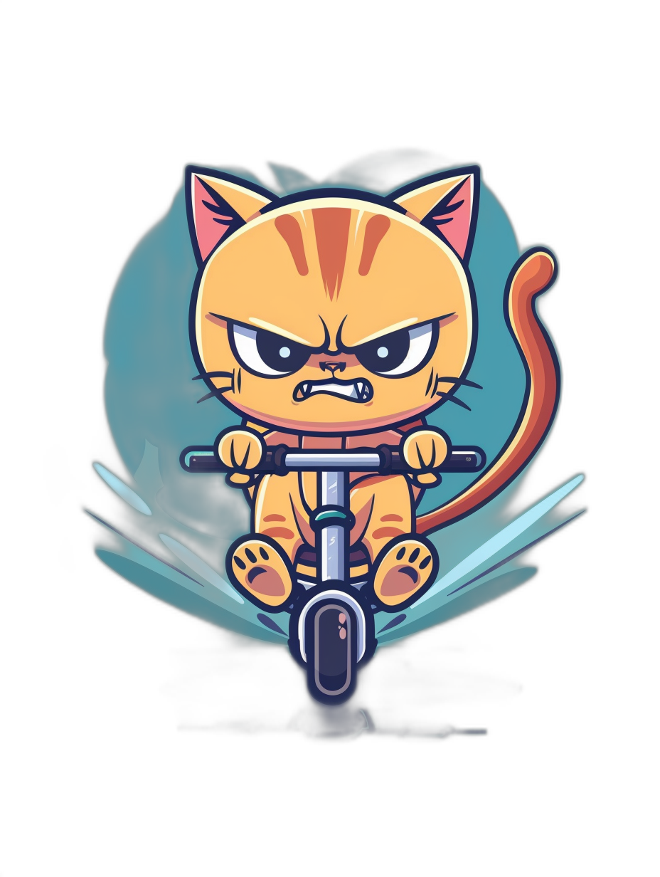 t-shirt design, angry cartoon cat riding electric scooter with black background, full body shot, detailed and sharp, clean lines art style in the style of cute character