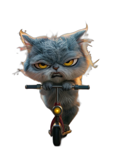 front view of a cute blue persian cat on a scooter, with yellow eyes and an angry facial expression, on a black background, in the digital art style of Pixar and Disney and in the style of Kung Fu Panda movie posters