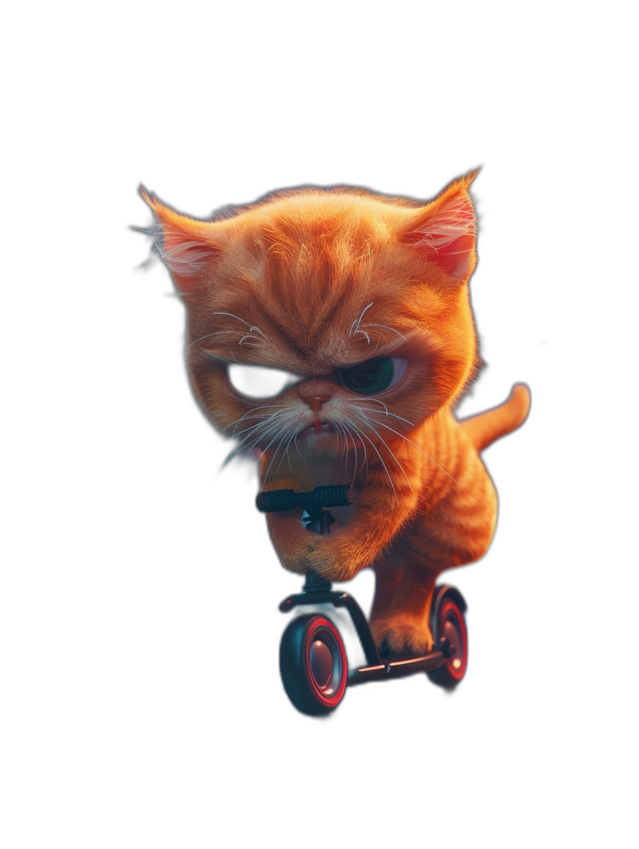 Cute orange cat riding scooter with an angry expression, in the style of Pixar, on a black background, in high definition photography.