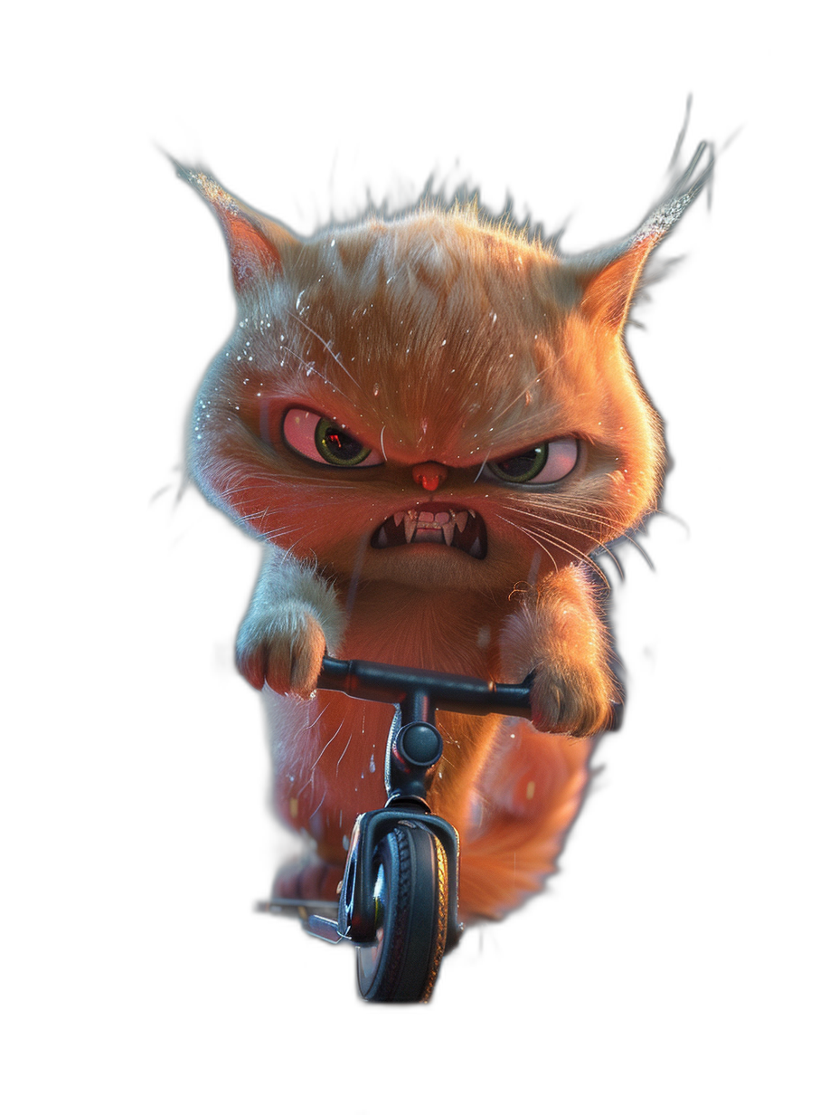 Character design of an angry cat riding on a scooter, black background, 3D render in the style of Pixar, octane rendering, hyper detailed, soft shadows, volumetric lighting.