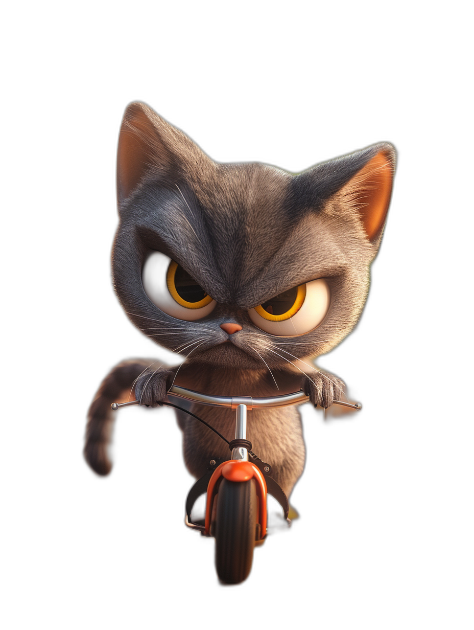 3D cartoon, happy cute cat riding bike with angry face, black background, adorable eyes, lovely, in the style of Pixar.