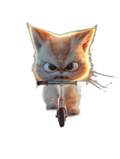 front view of a cute yet angry baby cat on a scooter, in the style of Pixar, as a cartoon character, on a black background, with high resolution and high details, rendered with Octane, showing the full body in a symmetrical composition, with big eyes, long eyelashes, and a cute tail.