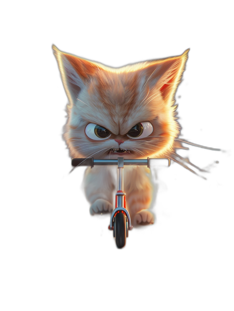 front view of a cute yet angry baby cat on a scooter, in the style of Pixar, as a cartoon character, on a black background, with high resolution and high details, rendered with Octane, showing the full body in a symmetrical composition, with big eyes, long eyelashes, and a cute tail.