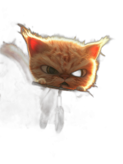 A cute orange cat with an angry expression, its paws on the bar of an electric scooter's headlight against a dark background, in the style of Pixar, cartoon style, with high detail and high resolution.