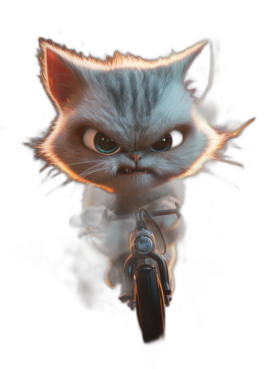 grumpy cat on a motorcycle in the style of Pixar, black background, character design, cute, fluffy fur, glowing eyes, feline features, big ears, small body and short legs, soft lighting, soft shadows, smooth textures, high resolution, high detail, cinematic lighting, sharp focus, studio photography, fantasy art, fantasy illustration, octane render, depth of field, professional color grading, award winning photo