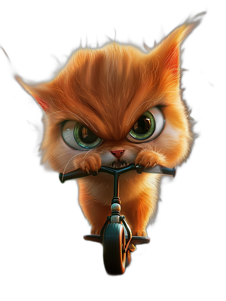 highly detailed, photo realistic illustration of an orange cat with green eyes riding on a scooter isolated against a black background, the cartoon character has a big round head and a small body, large expressive eyelashes, a cute smile, in the style of unreal engine.